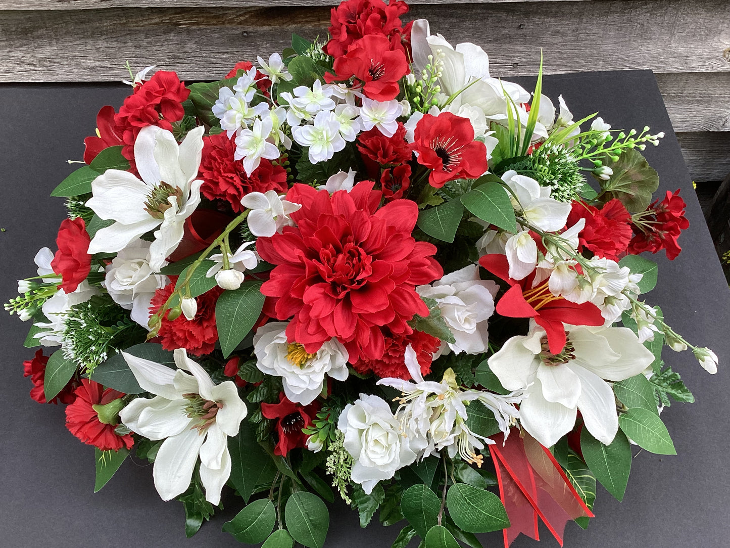 Cemetery Saddle, Red and White Headstone Flowers