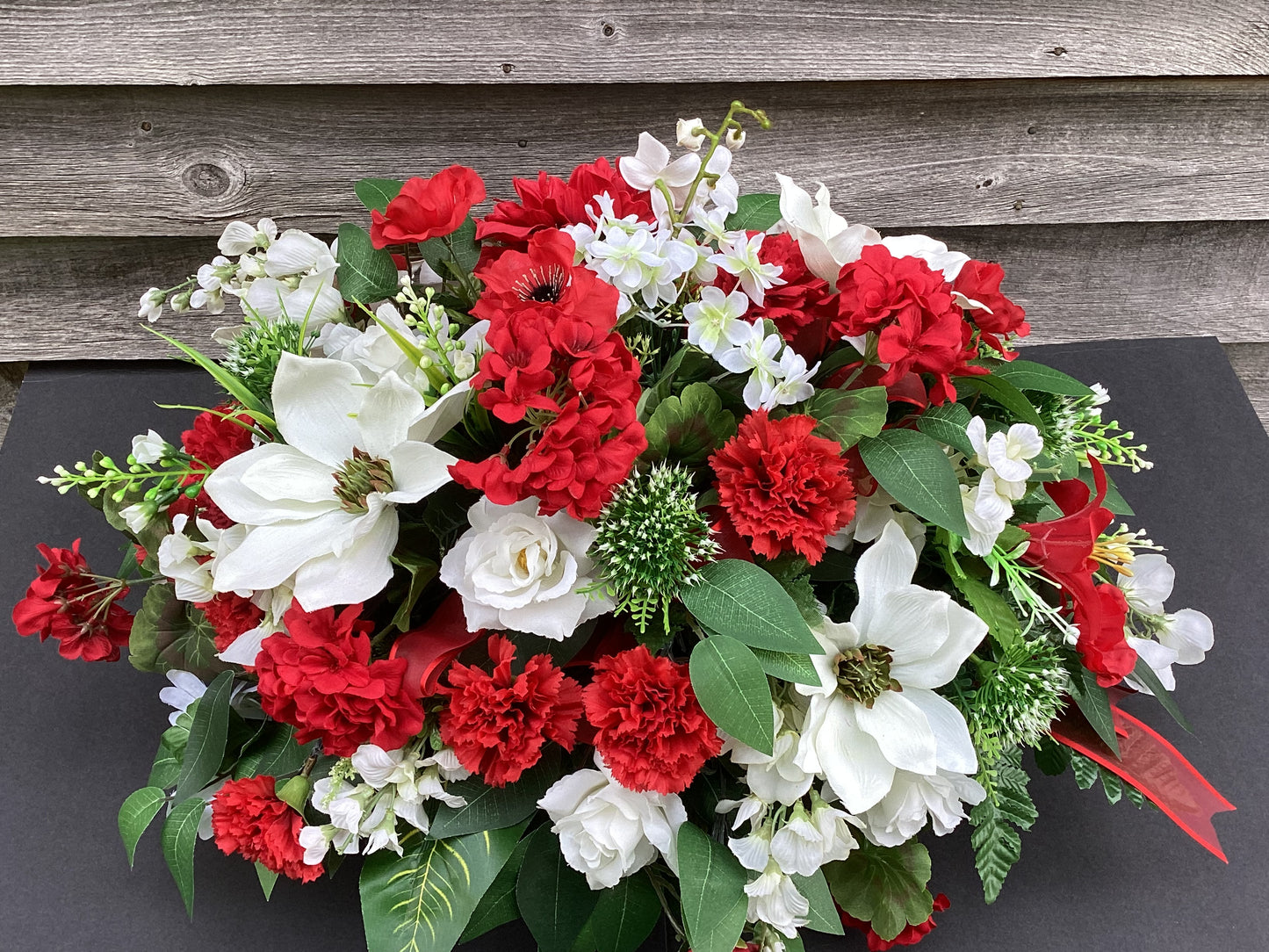 Cemetery Saddle, Red and White Headstone Flowers
