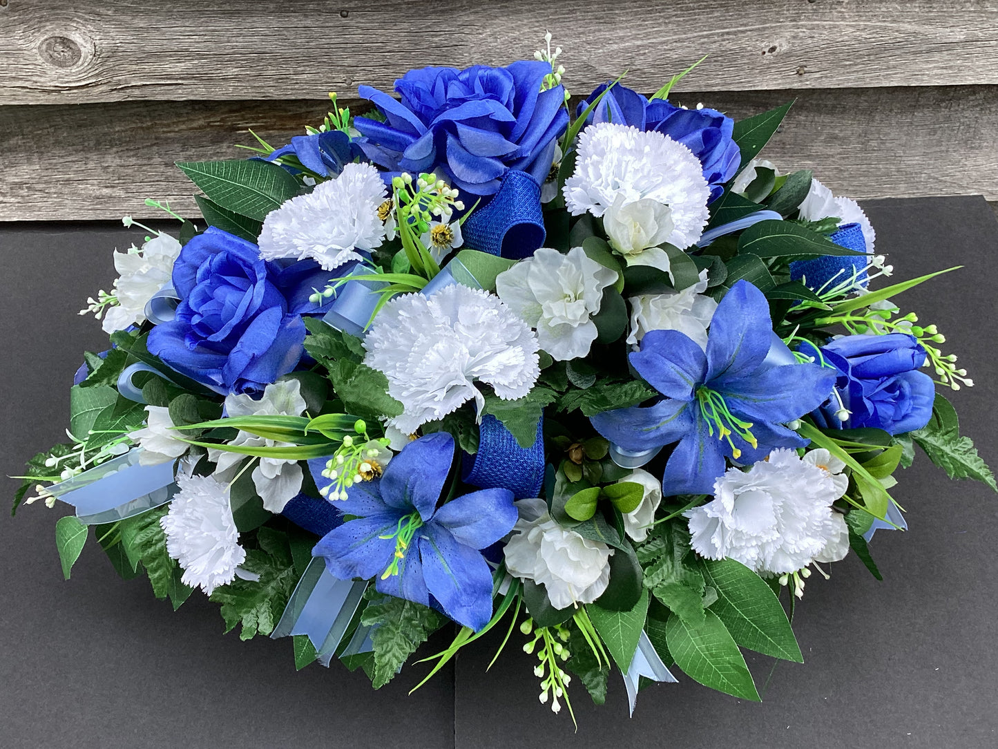 Cemetery Saddle, Blue and White Memorial Flowers