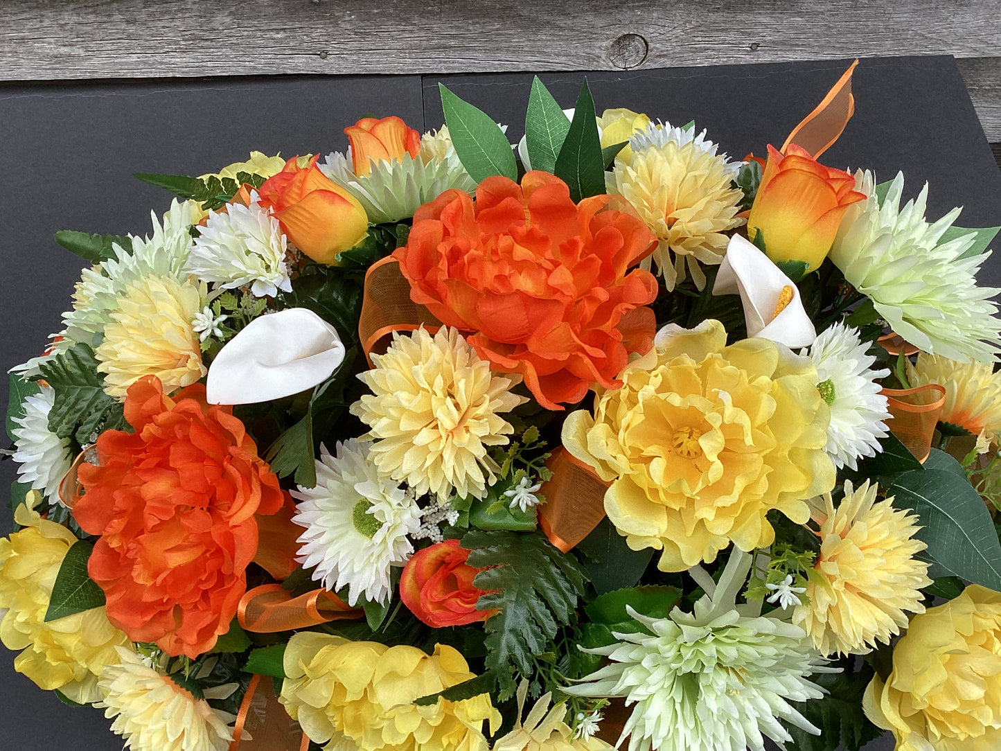 Cemetery Saddle, Artificial Flowers in Orange, Yellow and White