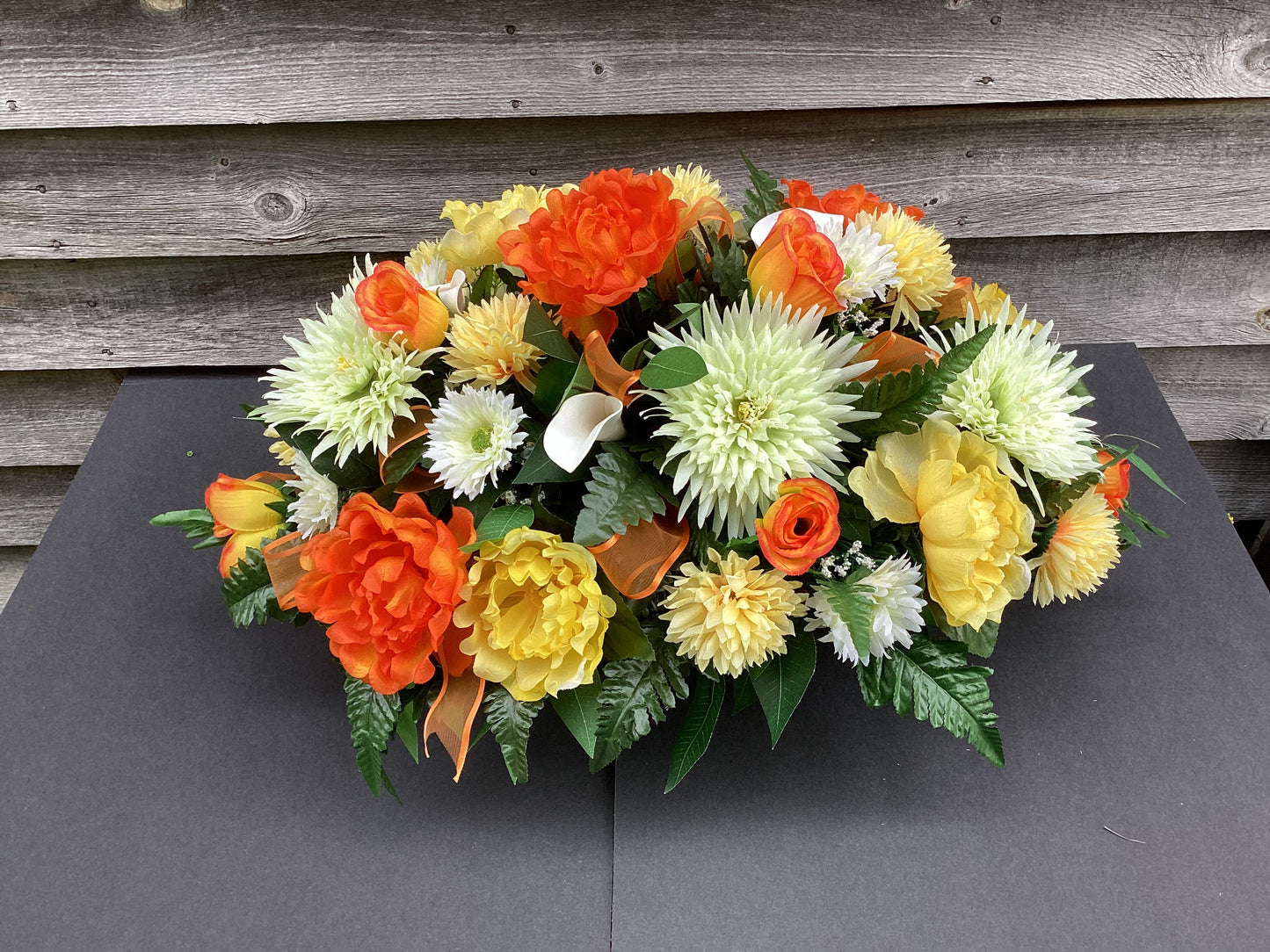 Cemetery Saddle, Artificial Flowers in Orange, Yellow and White