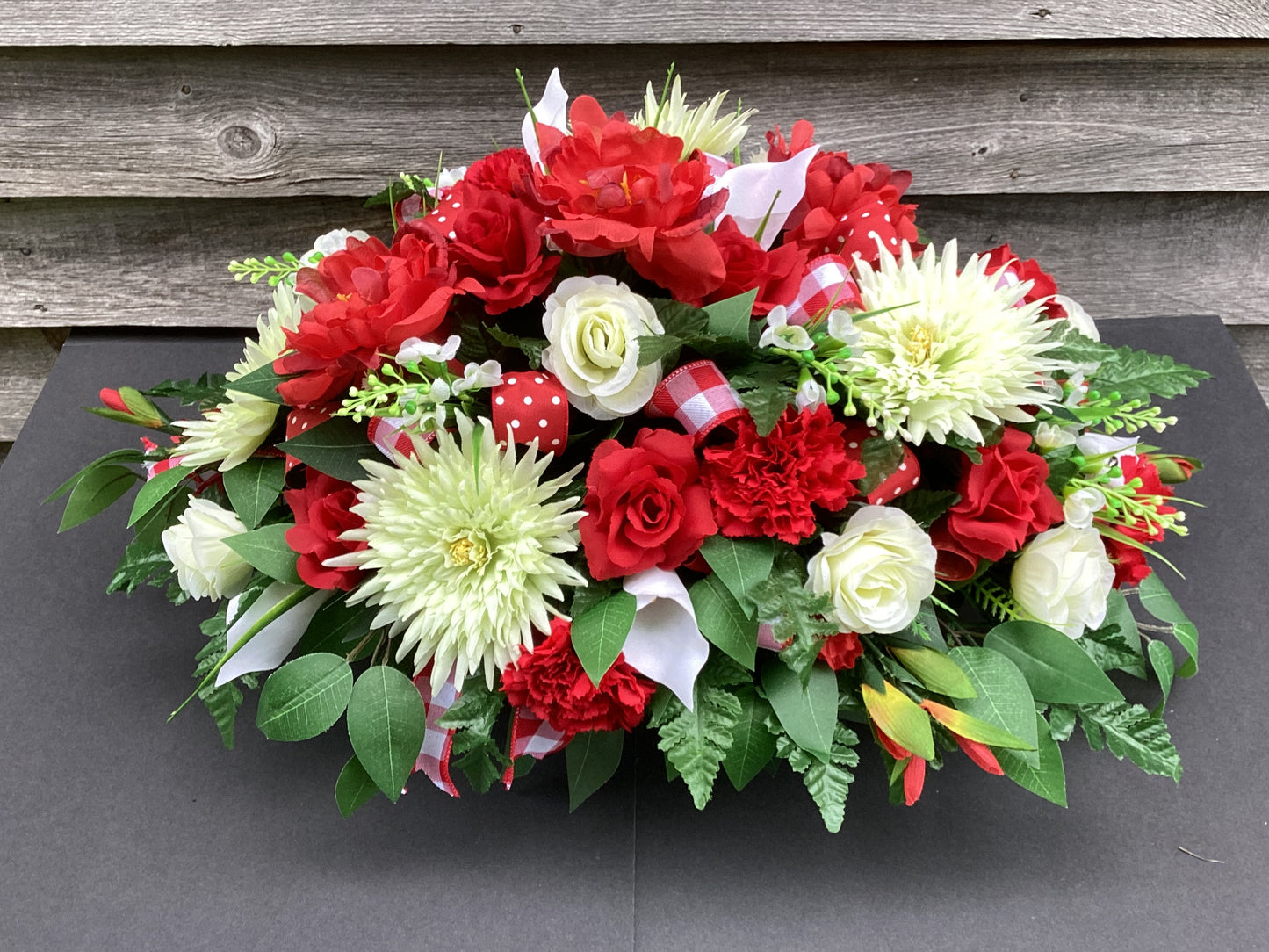 Cemetery Flowers, Red and White Tombstone Topper