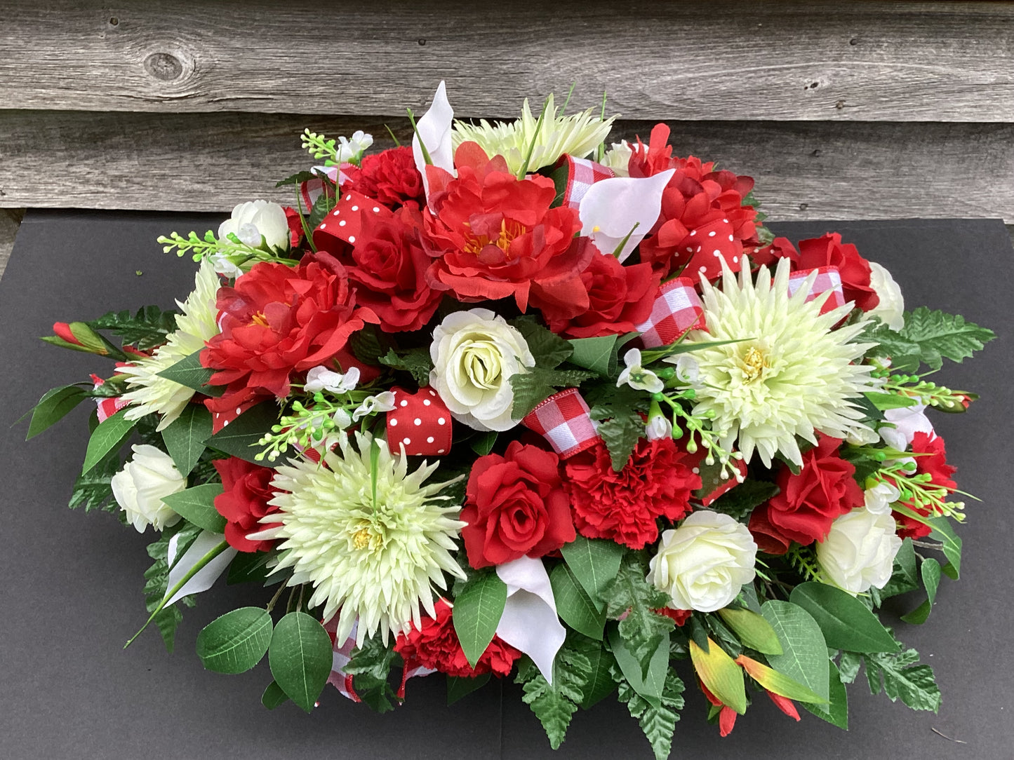 Cemetery Flowers, Red and White Tombstone Topper