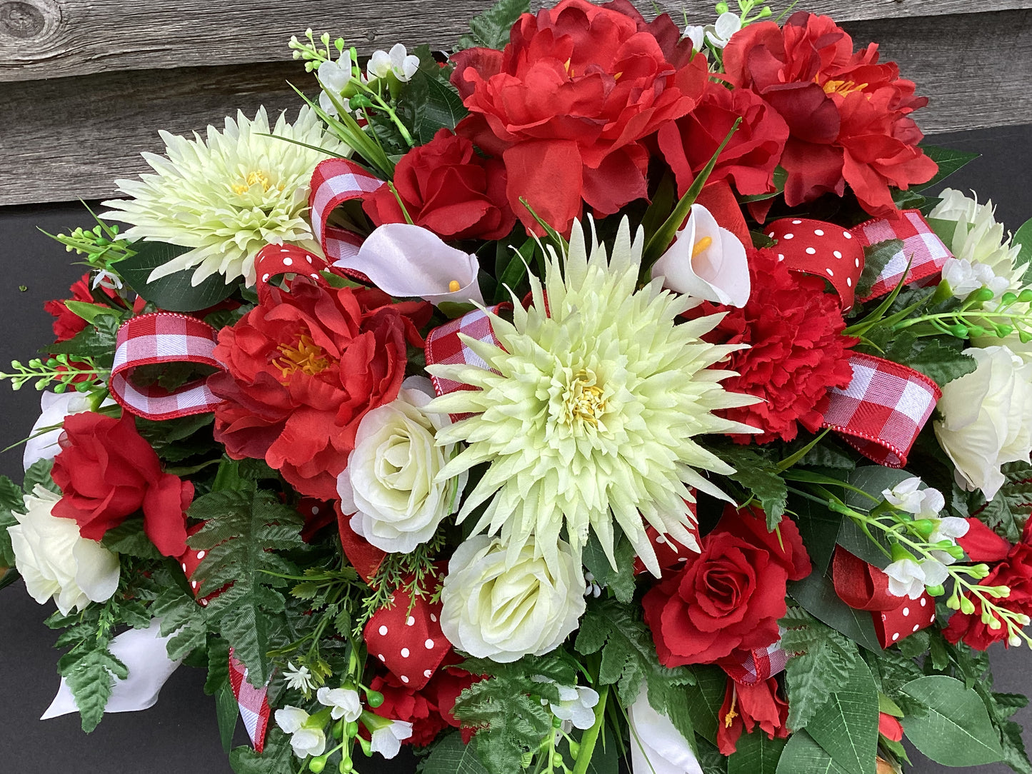Cemetery Flowers, Red and White Tombstone Topper