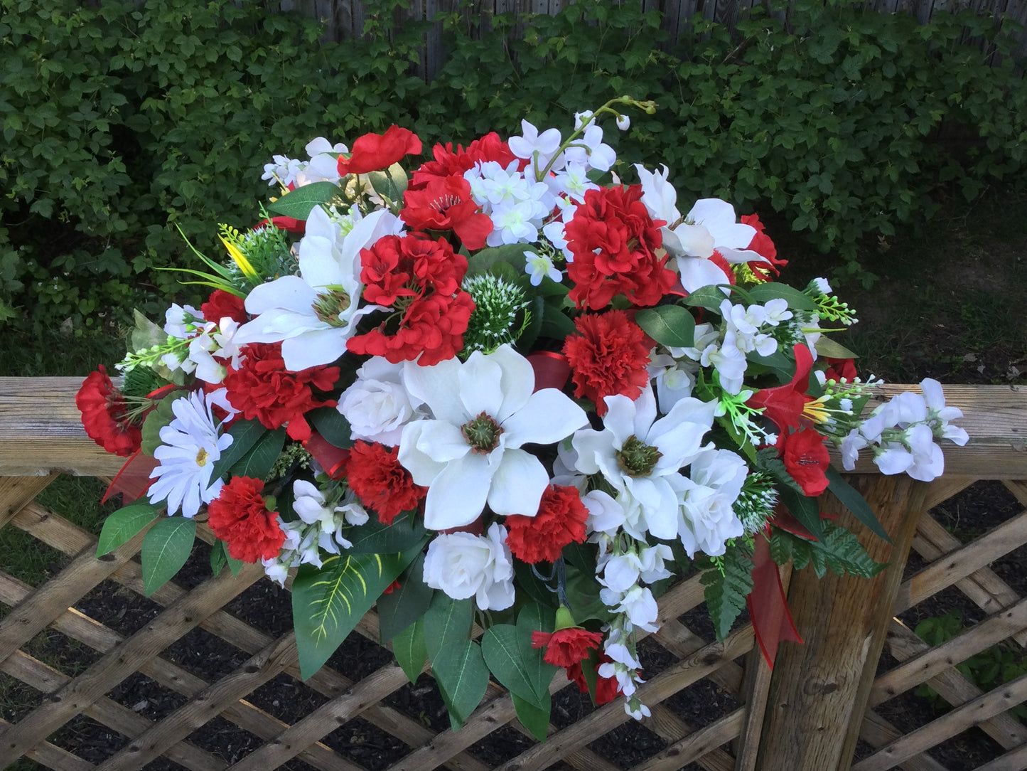 Cemetery Saddle, Red and White Headstone Flowers