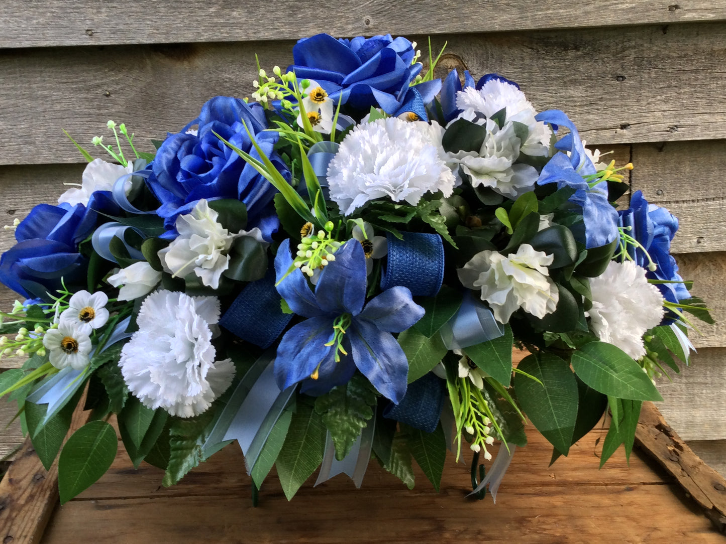 Cemetery Saddle, Blue and White Memorial Flowers