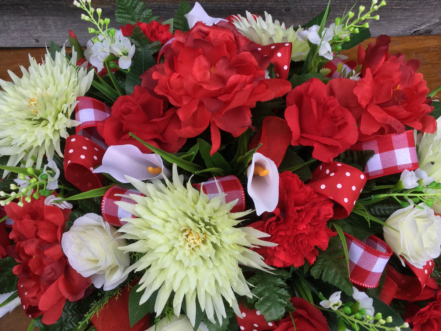 Cemetery Flowers, Red and White Tombstone Topper