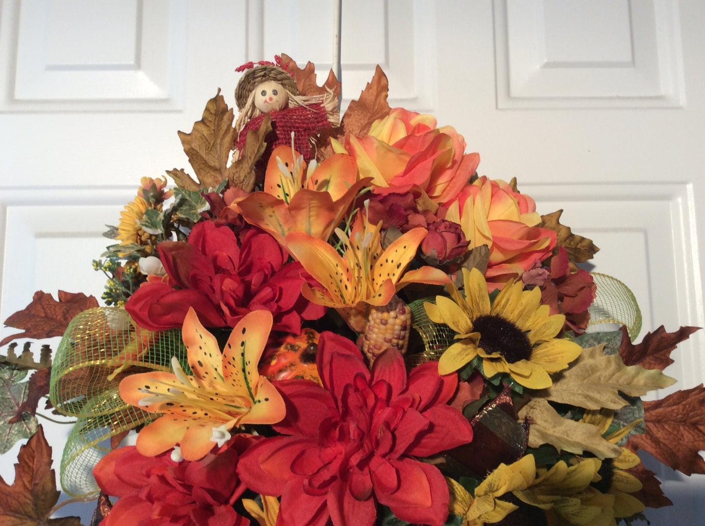 Front Door Decor, Artificial Fall Flower Decoration, Wall Decor, Autumn Arrangement, Sunflowers and Scarecrow, Made in Canada