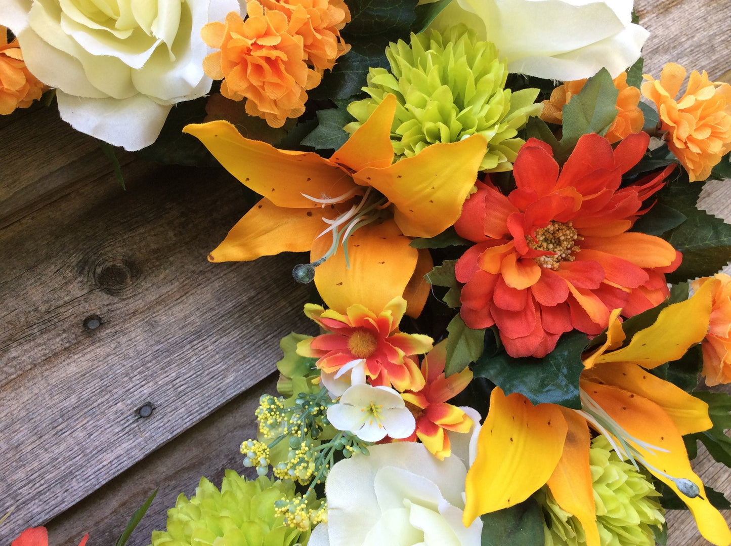 Summer Floral Wreath: Artificial Zinnias, Lilies, and Roses