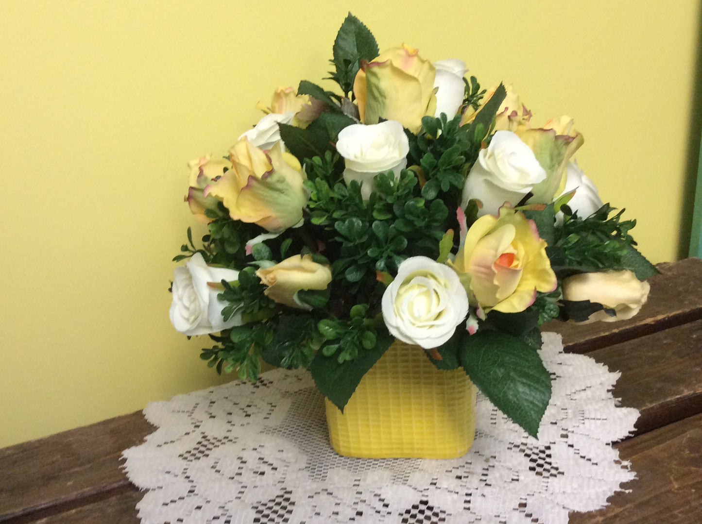 Artificial Flower Arrangement, Table Centerpiece, Yellow and White flowers, Floral Arrangement, Yellow and White Roses, Made in Canada