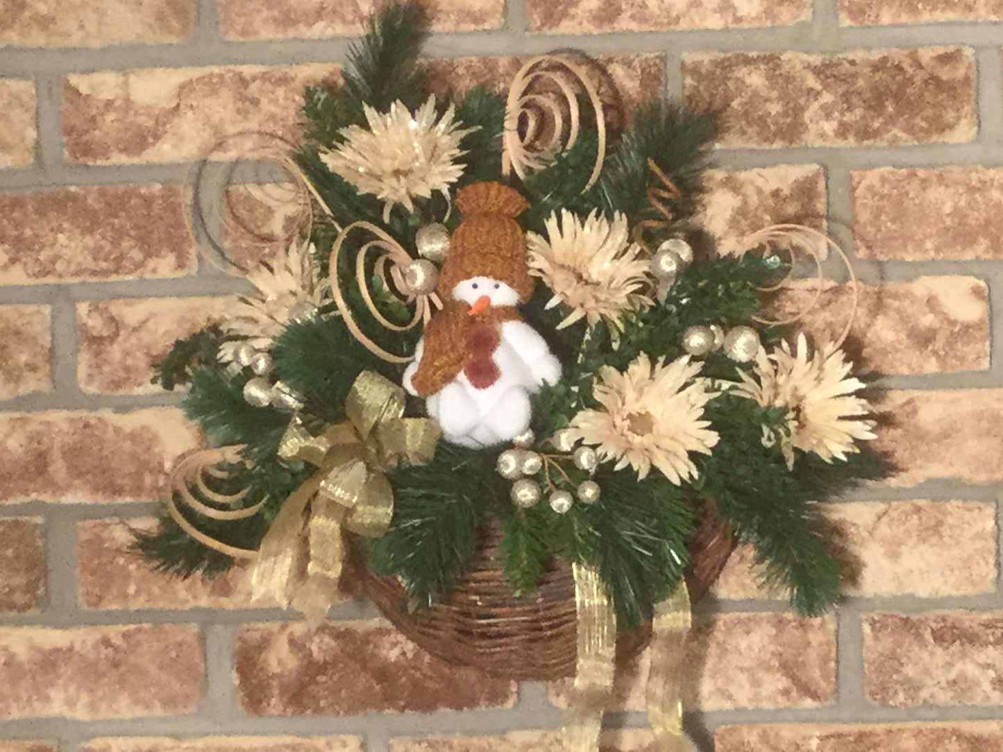 Christmas Arrangement, Wicker Flower Basket, Winter Door Decor, Snowman Floral Decoration, Christmas Evergreen Arrangement, Made In Canada