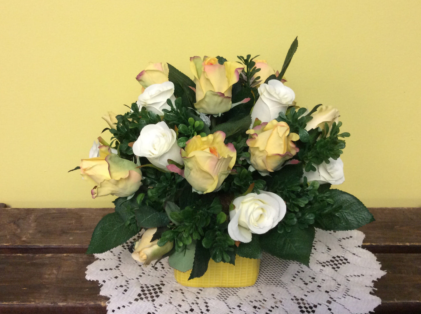 Artificial Flower Arrangement, Table Centerpiece, Yellow and White flowers, Floral Arrangement, Yellow and White Roses, Made in Canada