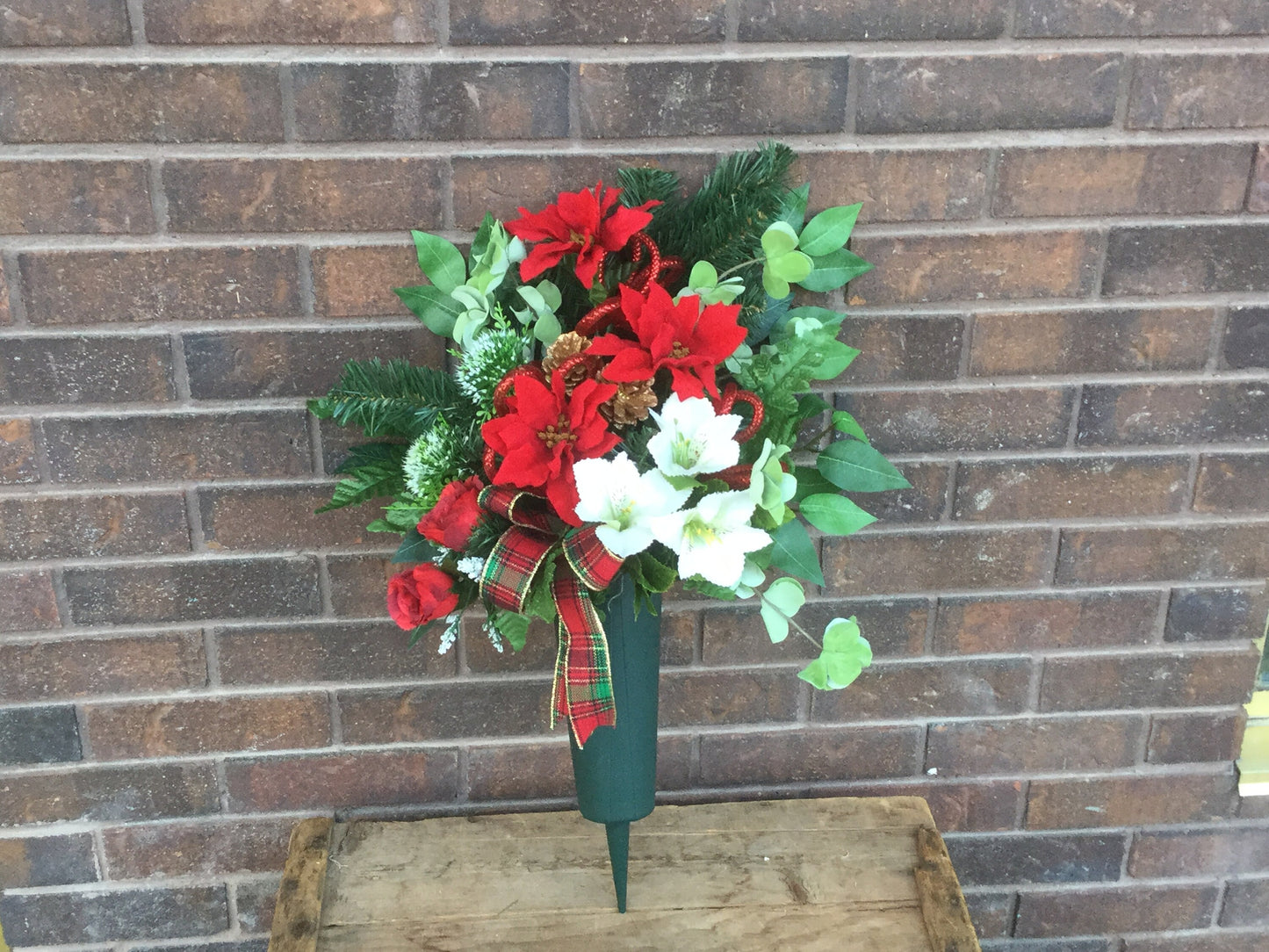 Cemetery Cone Floral Arrangement, Artificial Cemetery Flowers, Graveside Flowers, Red and White Cemetery Arrangement, Made in Canada
