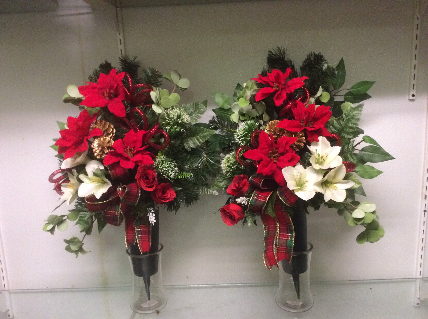 Cemetery Cone Floral Arrangement, Artificial Cemetery Flowers, Graveside Flowers, Red and White Cemetery Arrangement, Made in Canada