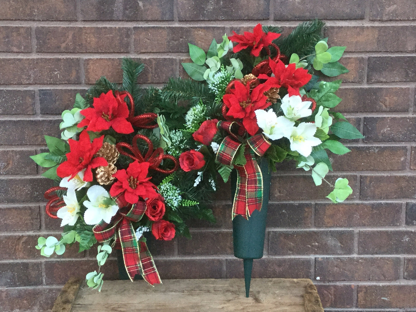 Cemetery Cone Floral Arrangement, Artificial Cemetery Flowers, Graveside Flowers, Red and White Cemetery Arrangement, Made in Canada