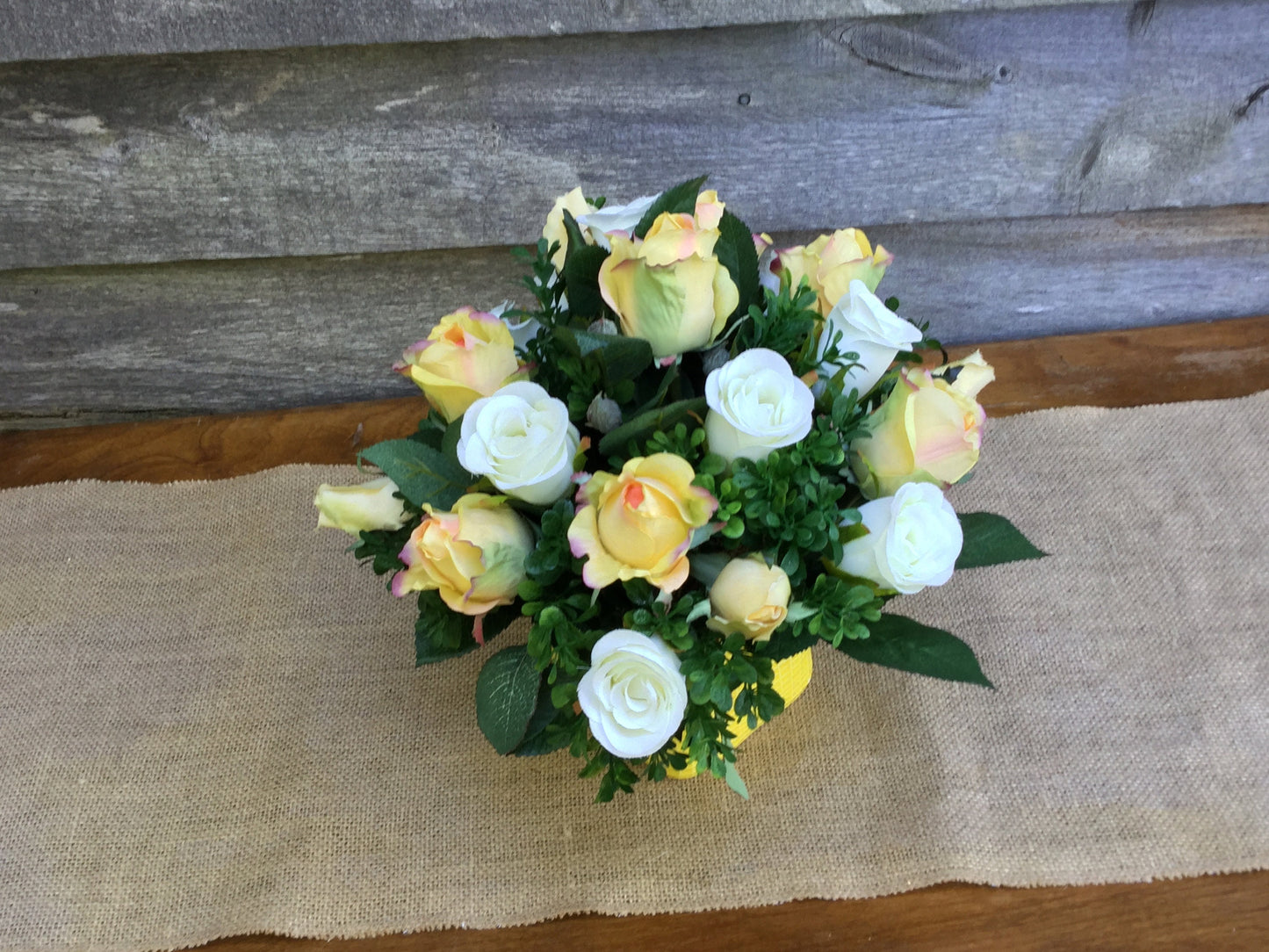 Artificial Flower Arrangement, Table Centerpiece, Yellow and White flowers, Floral Arrangement, Yellow and White Roses, Made in Canada