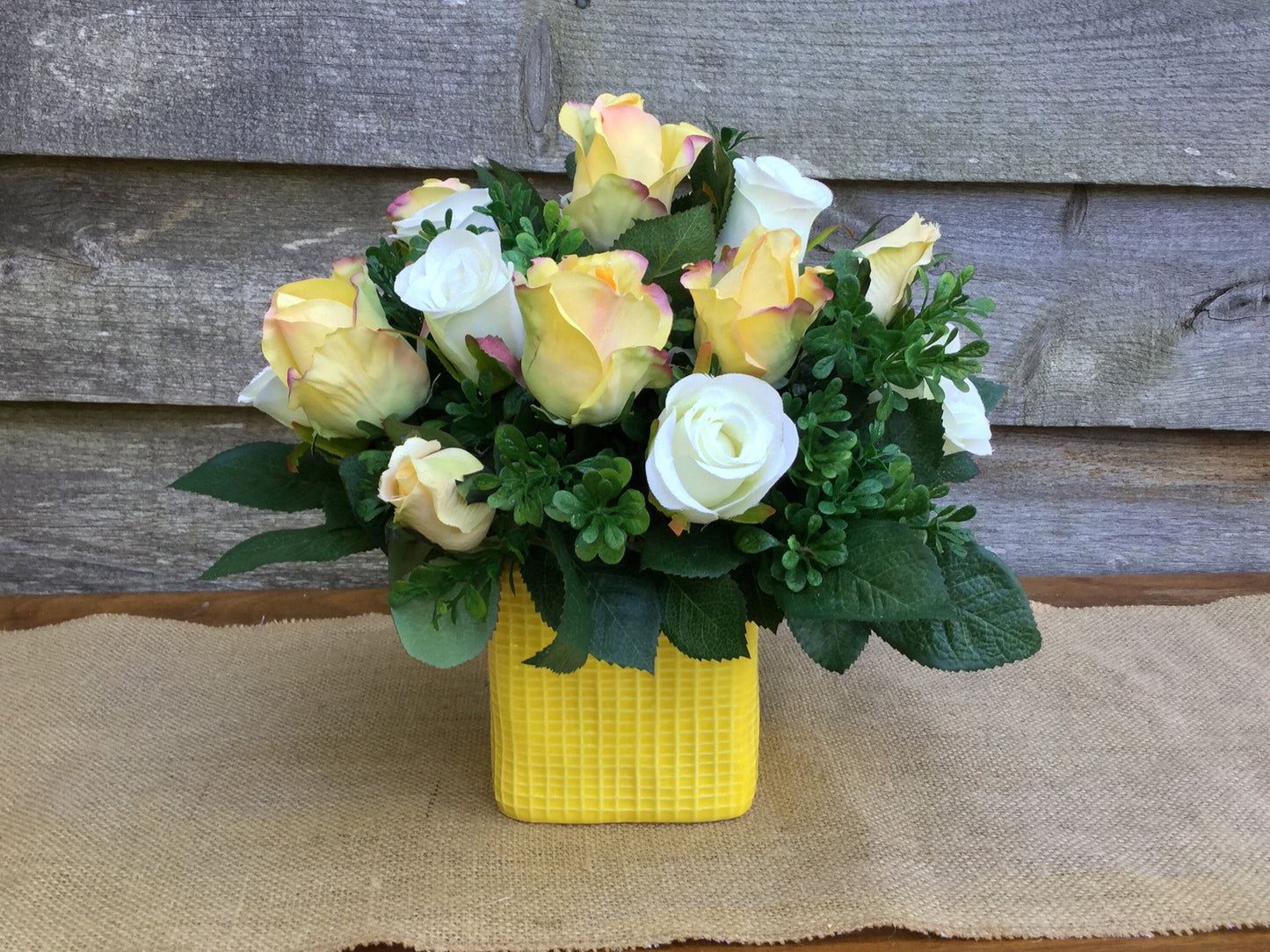 Artificial Flower Arrangement, Table Centerpiece, Yellow and White flowers, Floral Arrangement, Yellow and White Roses, Made in Canada