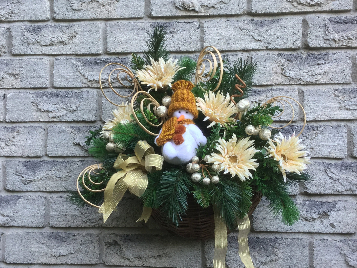 Christmas Arrangement, Wicker Flower Basket, Winter Door Decor, Snowman Floral Decoration, Christmas Evergreen Arrangement, Made In Canada