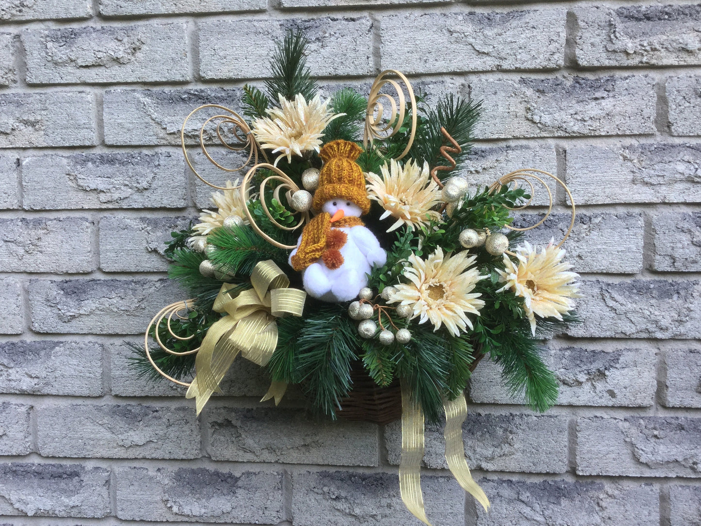 Christmas Arrangement, Wicker Flower Basket, Winter Door Decor, Snowman Floral Decoration, Christmas Evergreen Arrangement, Made In Canada