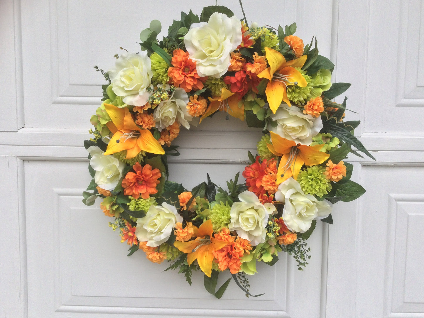 Summer Floral Wreath: Artificial Zinnias, Lilies, and Roses