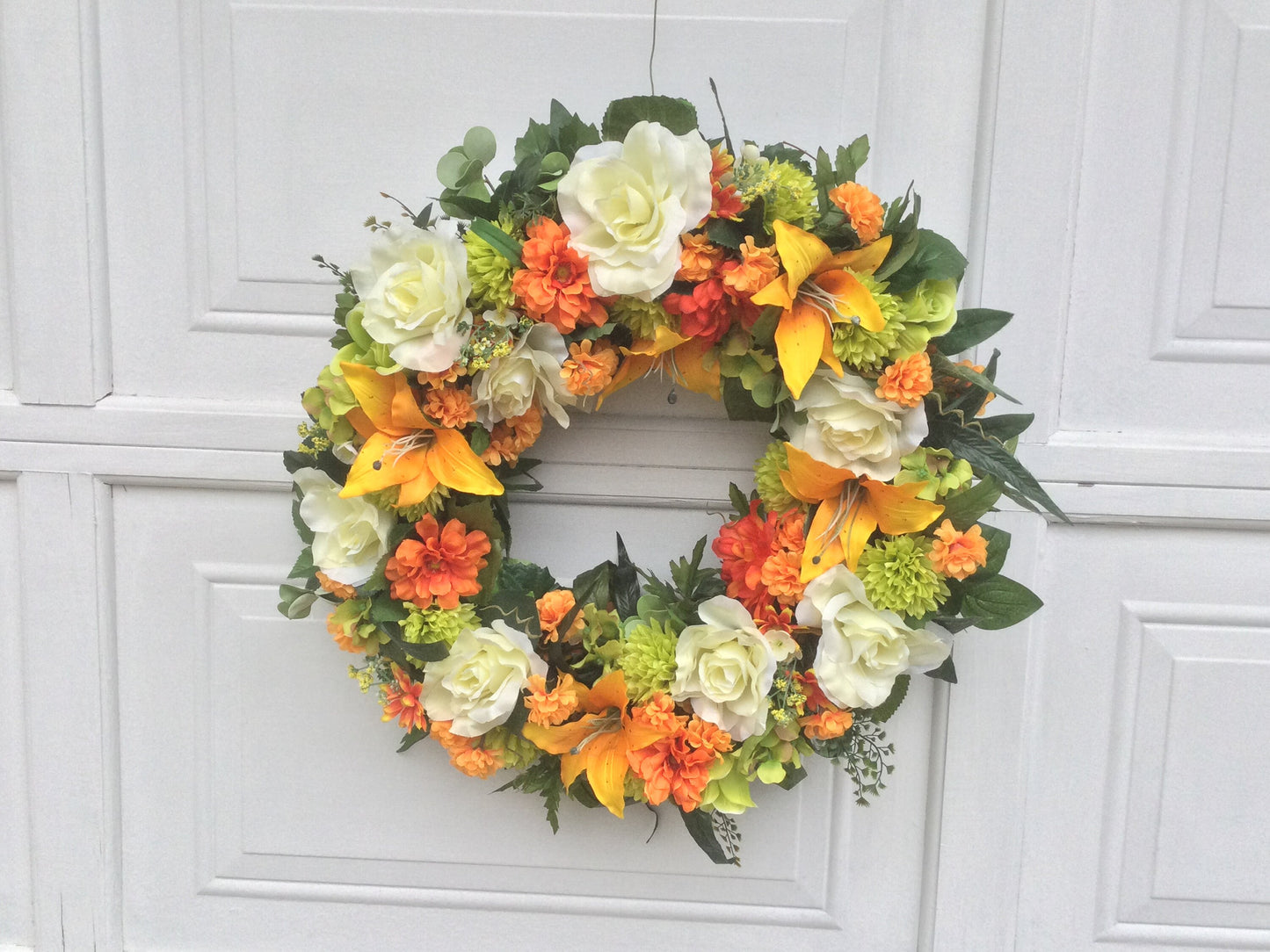 Summer Floral Wreath: Artificial Zinnias, Lilies, and Roses