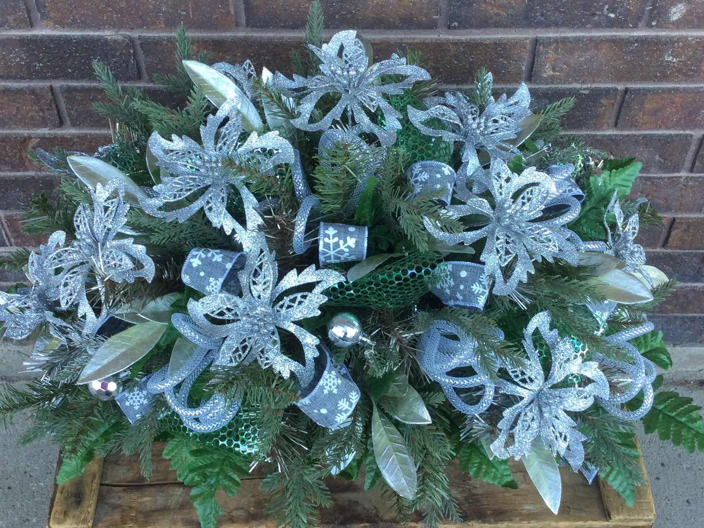 Cemetery Stone Decor, Tombstone Topper, Christmas Cemetery Saddle, Grave Decoration, Silver Poinsettia Headstone Flowers, Made in Canada