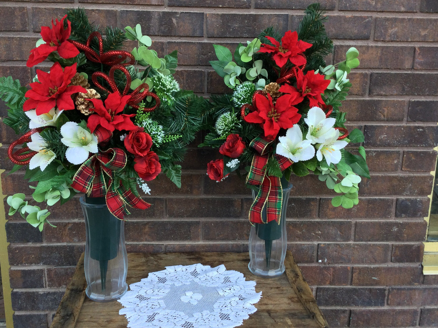 Cemetery Cone Floral Arrangement, Artificial Cemetery Flowers, Graveside Flowers, Red and White Cemetery Arrangement, Made in Canada