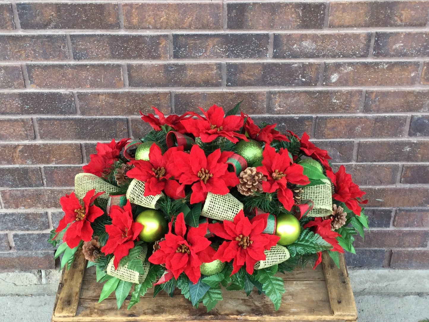 Red Poinsettia Christmas Cemetery Saddle: Tombstone Flowers, Pine Cones