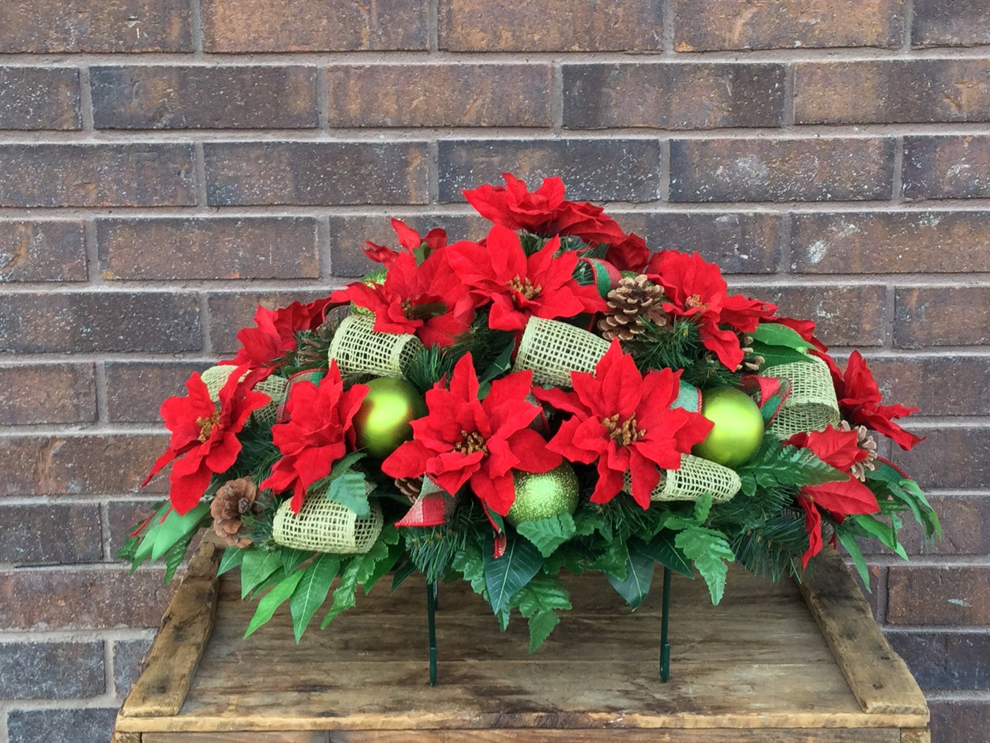 Red Poinsettia Christmas Cemetery Saddle: Tombstone Flowers, Pine Cones
