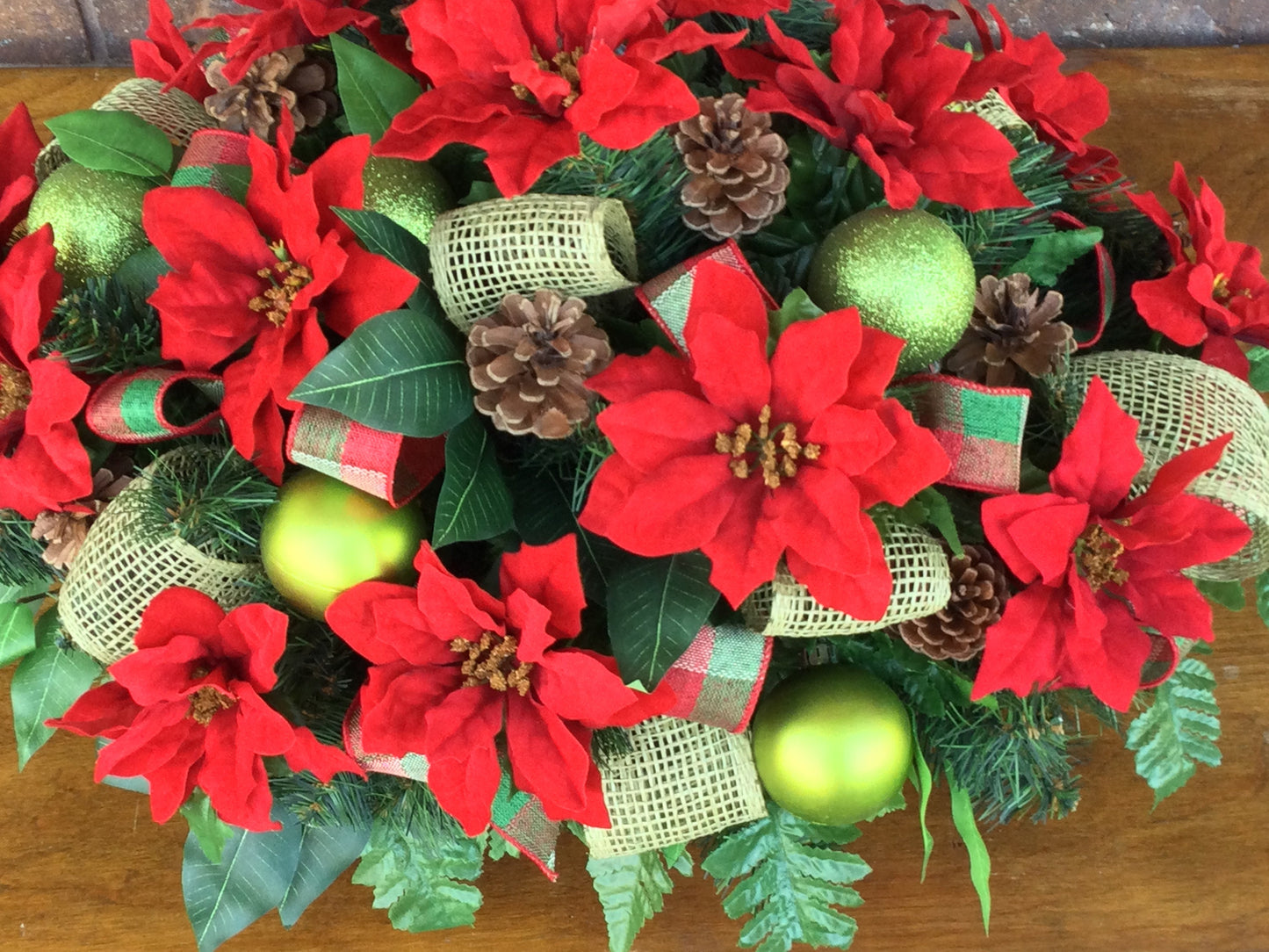 Red Poinsettia Christmas Cemetery Saddle: Tombstone Flowers, Pine Cones