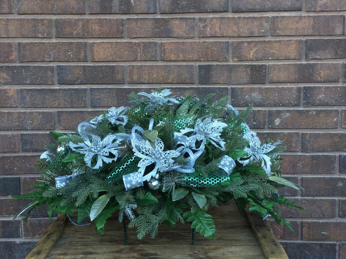 Cemetery Stone Decor, Tombstone Topper, Christmas Cemetery Saddle, Grave Decoration, Silver Poinsettia Headstone Flowers, Made in Canada