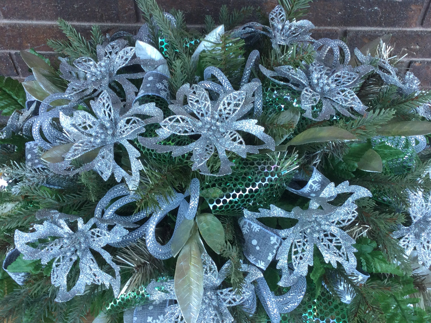 Cemetery Stone Decor, Tombstone Topper, Christmas Cemetery Saddle, Grave Decoration, Silver Poinsettia Headstone Flowers, Made in Canada