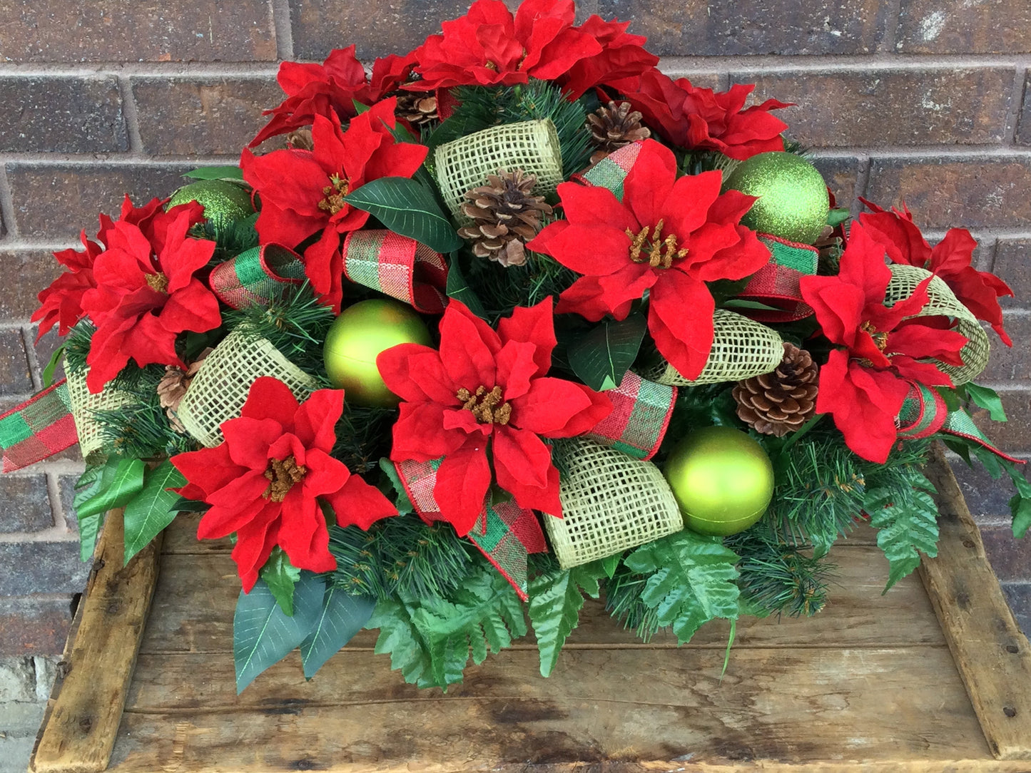 Red Poinsettia Christmas Cemetery Saddle: Tombstone Flowers, Pine Cones