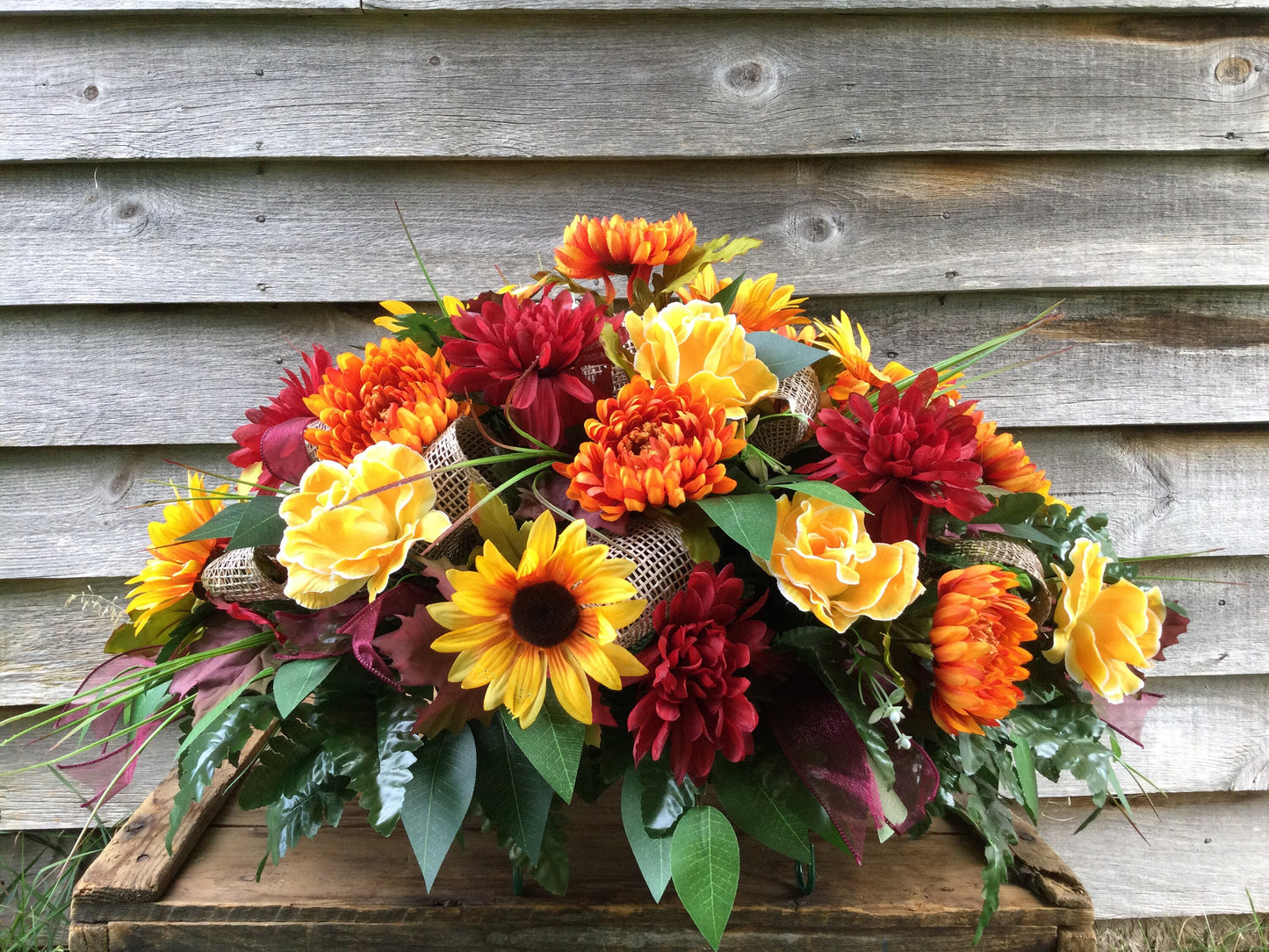 Fall Cemetery Saddle: Burgundy Chrysanthemums, Sunflowers, Burlap Ribbon
