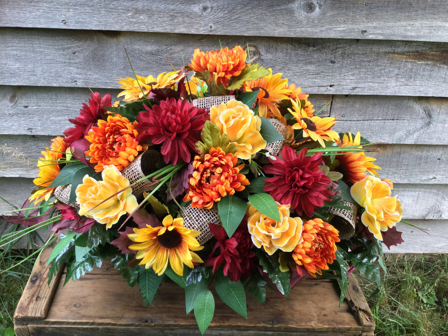 Fall Cemetery Saddle: Burgundy Chrysanthemums, Sunflowers, Burlap Ribbon