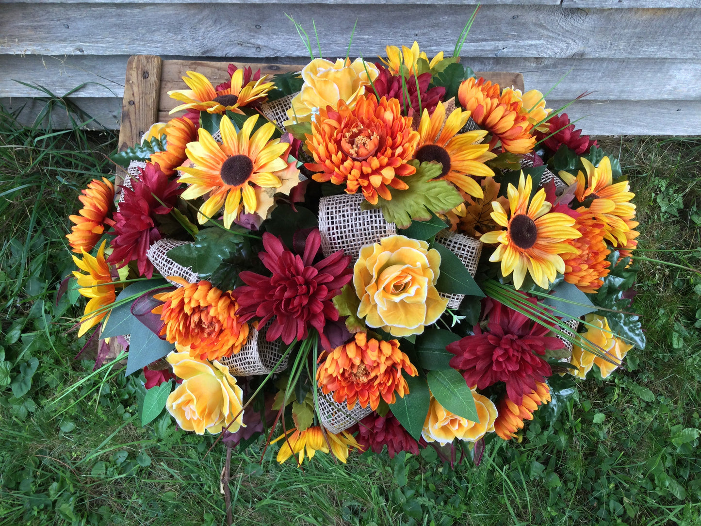 Fall Cemetery Saddle: Burgundy Chrysanthemums, Sunflowers, Burlap Ribbon