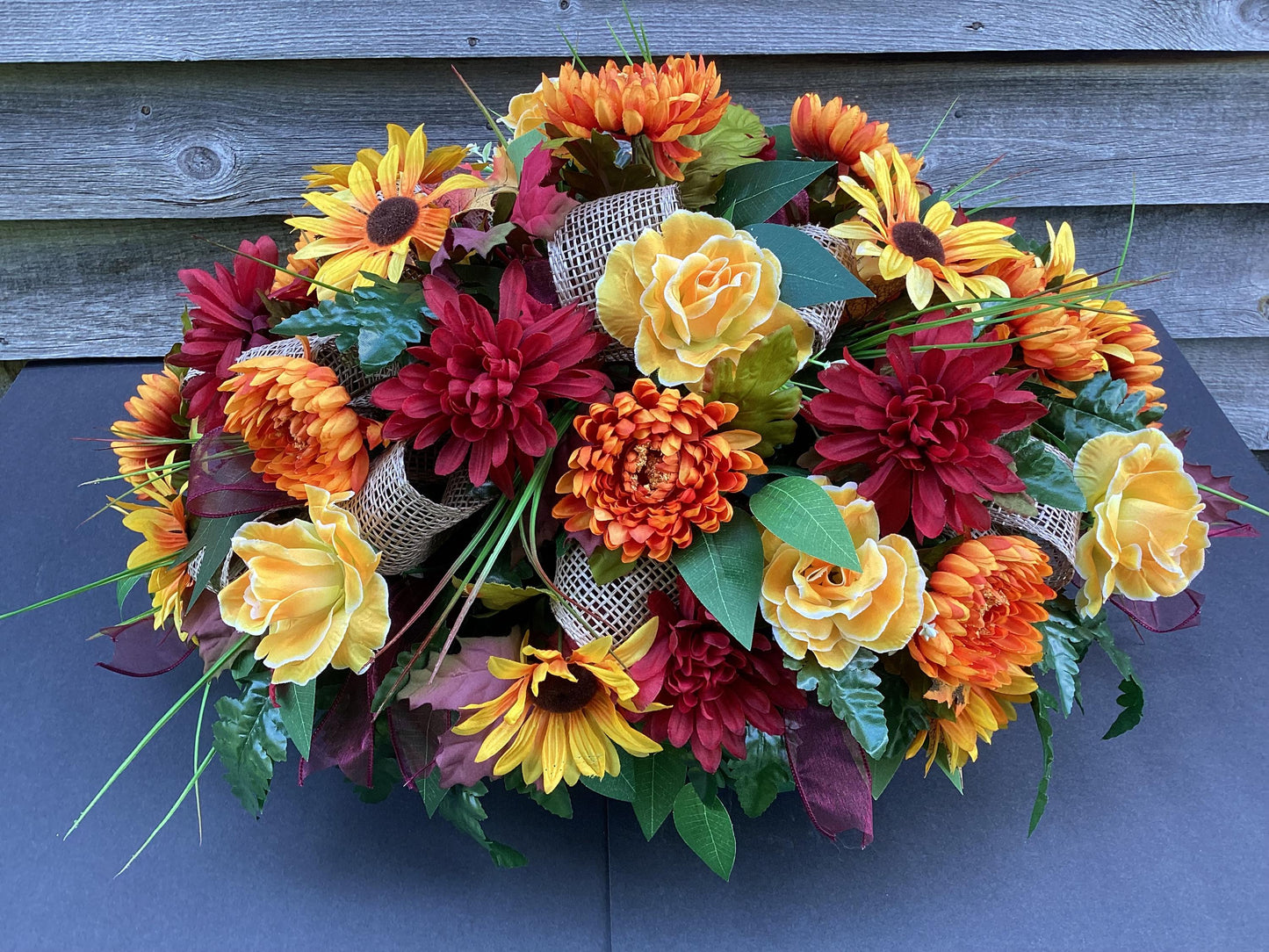 Fall Cemetery Saddle: Burgundy Chrysanthemums, Sunflowers, Burlap Ribbon