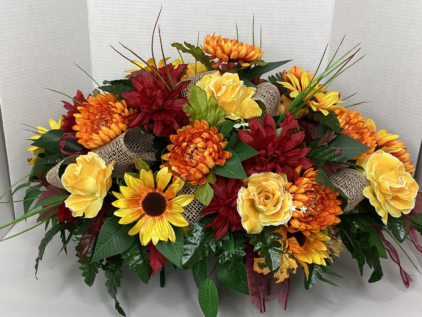 Fall Cemetery Saddle: Burgundy Chrysanthemums, Sunflowers, Burlap Ribbon