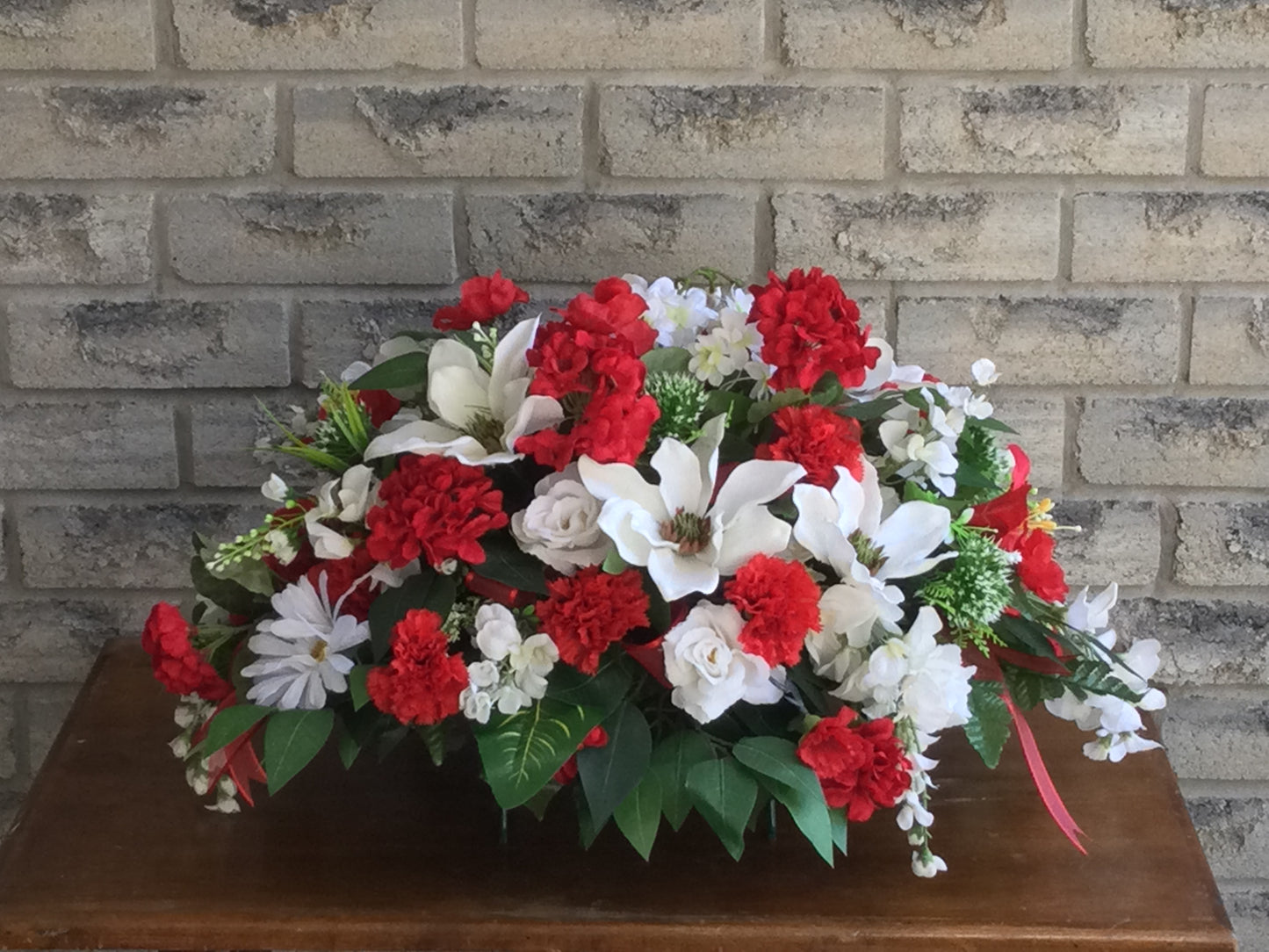 Cemetery Saddle, Red and White Headstone Flowers