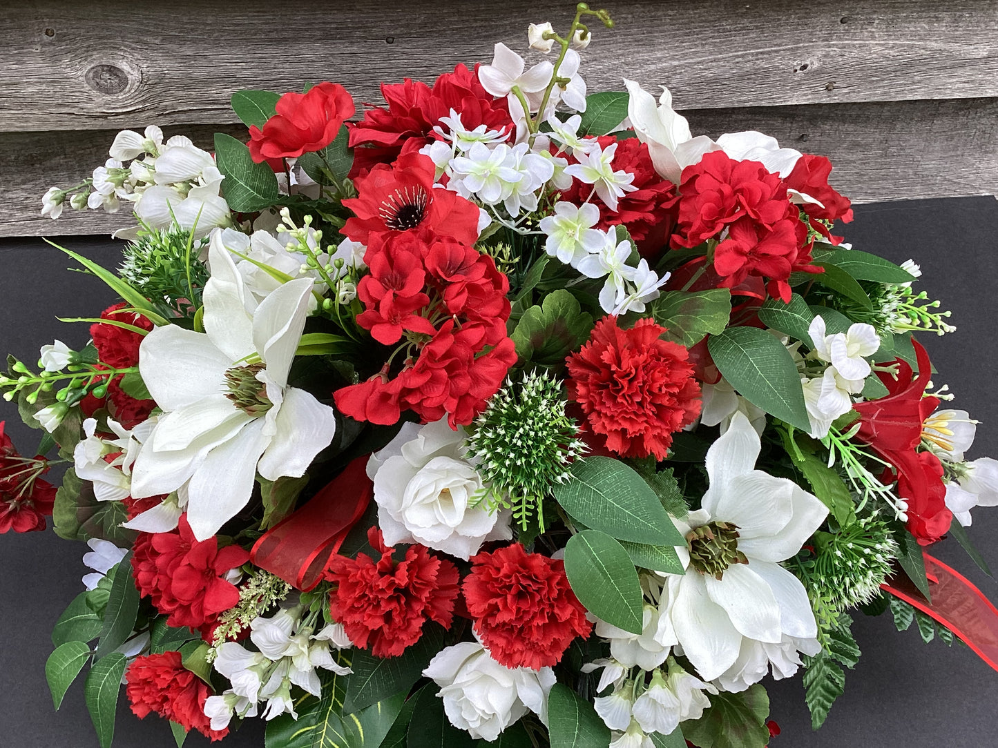 Cemetery Saddle, Red and White Headstone Flowers
