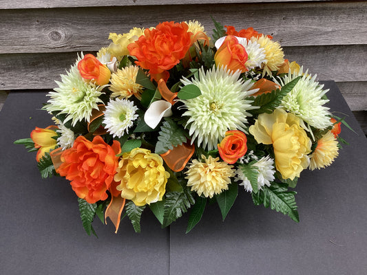 Cemetery Saddle, Artificial Flowers in Orange, Yellow and White