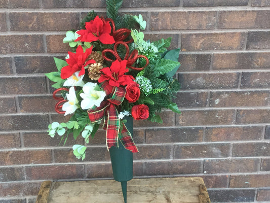 Cemetery Cone Floral Arrangement, Artificial Cemetery Flowers, Graveside Flowers,  Red and White Cemetery Arrangement, Made in Canada
