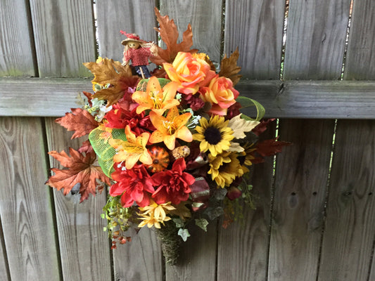 Front Door Decor, Artificial Fall Flower Decoration, Wall Decor, Autumn Arrangement, Sunflowers and Scarecrow, Made in Canada