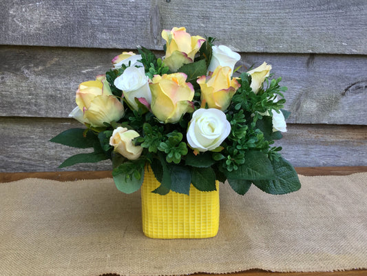 Artificial Flower Arrangement, Table Centerpiece, Yellow and White flowers, Floral Arrangement, Yellow and White Roses, Made in Canada
