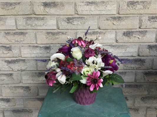 Artificial Flower Arrangement in Ceramic, Purple and White Floral Arrangement