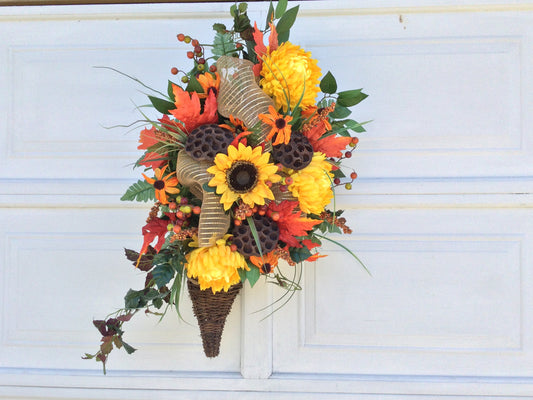 Horn of Plenty, Fall Artificial Arrangement, Autumn Door Decoration, Table Centrepiece, Cornucopia, Autumn Flowers, Made in Canada