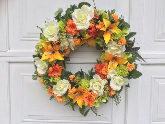 Summer Floral Wreath: Artificial Zinnias, Lilies, and Roses