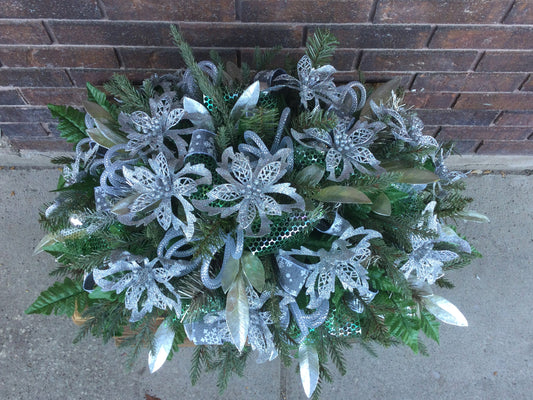 Cemetery Stone Decor, Tombstone Topper, Christmas Cemetery Saddle, Grave Decoration, Silver Poinsettia Headstone Flowers, Made in Canada