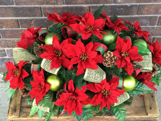 Red Poinsettia Christmas Cemetery Saddle: Tombstone Flowers, Pine Cones