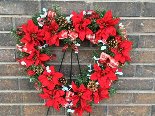 Christmas Poinsettia Evergreen Heart Cemetery Wreath